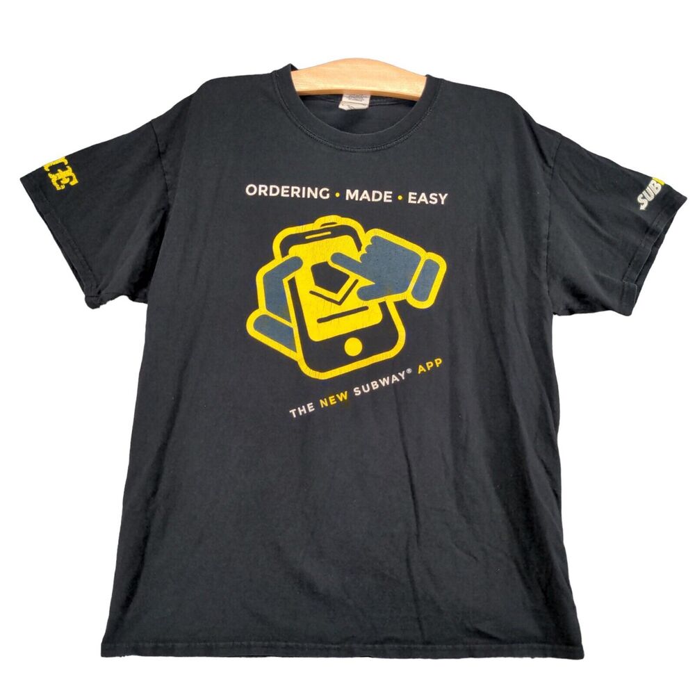 Gildan Subway App T-Shirt Mens Large Short Sleeve Black Crew Neck Heavy Cotton